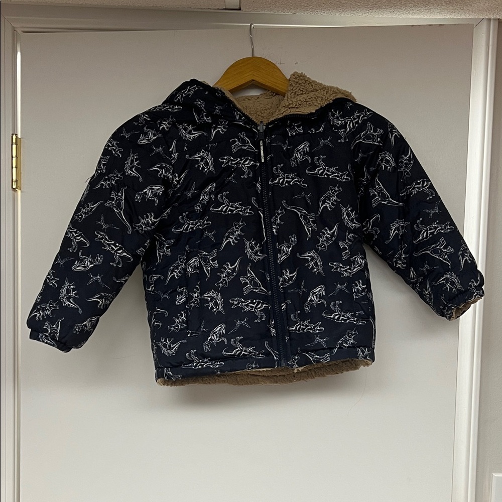 London Fog Navy Reversible Hooded Puffer Jacket with Dino Print